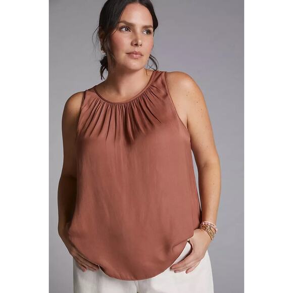 Anthropologie Brown Draped Low-Back Sleeveless Blouse ~ 1X Plus, NEW - Picture 2 of 5